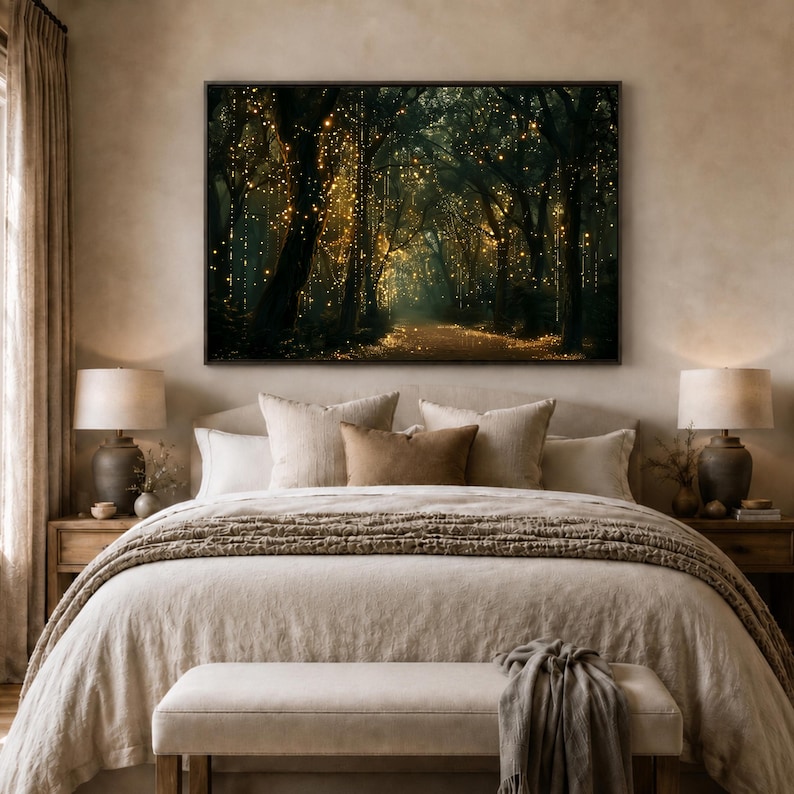 Above Sofa Bed Forest Wall Art, Enchanted Woodland Canvas, Glowing Fairy Lights Print, Dark Moody Living Room Bedroom Decor, Magical Nature zdjęcie 4