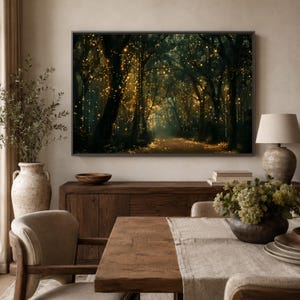 Above Sofa Bed Forest Wall Art, Enchanted Woodland Canvas, Glowing Fairy Lights Print, Dark Moody Living Room Bedroom Decor, Magical Nature zdjęcie 7