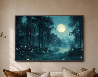 Teal Moon Forest Poster, Firefly Glow Woodland Scene, Mystical Night Sky Artwork, Dreamy Nursery Bedroom Wall Display Accent, Celestial Glow