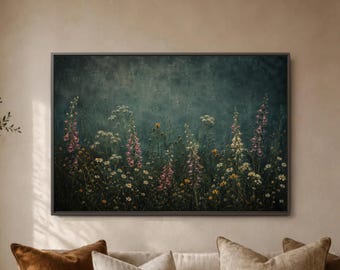 Foxglove Meadow Wall Decor Print, Dark Teal Wildflower Poster, Daisy Stem Field Scene, Cottage Living Room Bedroom Gallery Decor Style