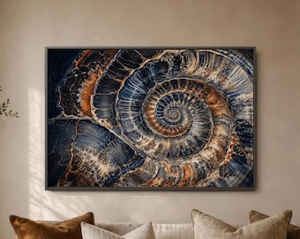 Ammonite Fossil Print, Nautical Spiral Shell Poster, Blue Copper Mineral Decor, Natural History Artwork, Coastal Study Display