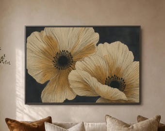 Golden Poppy Wall Art Print, Botanical Flower Canvas Decor, Black Beige Floral Artwork, Elegant Modern Living Room Wall Decor