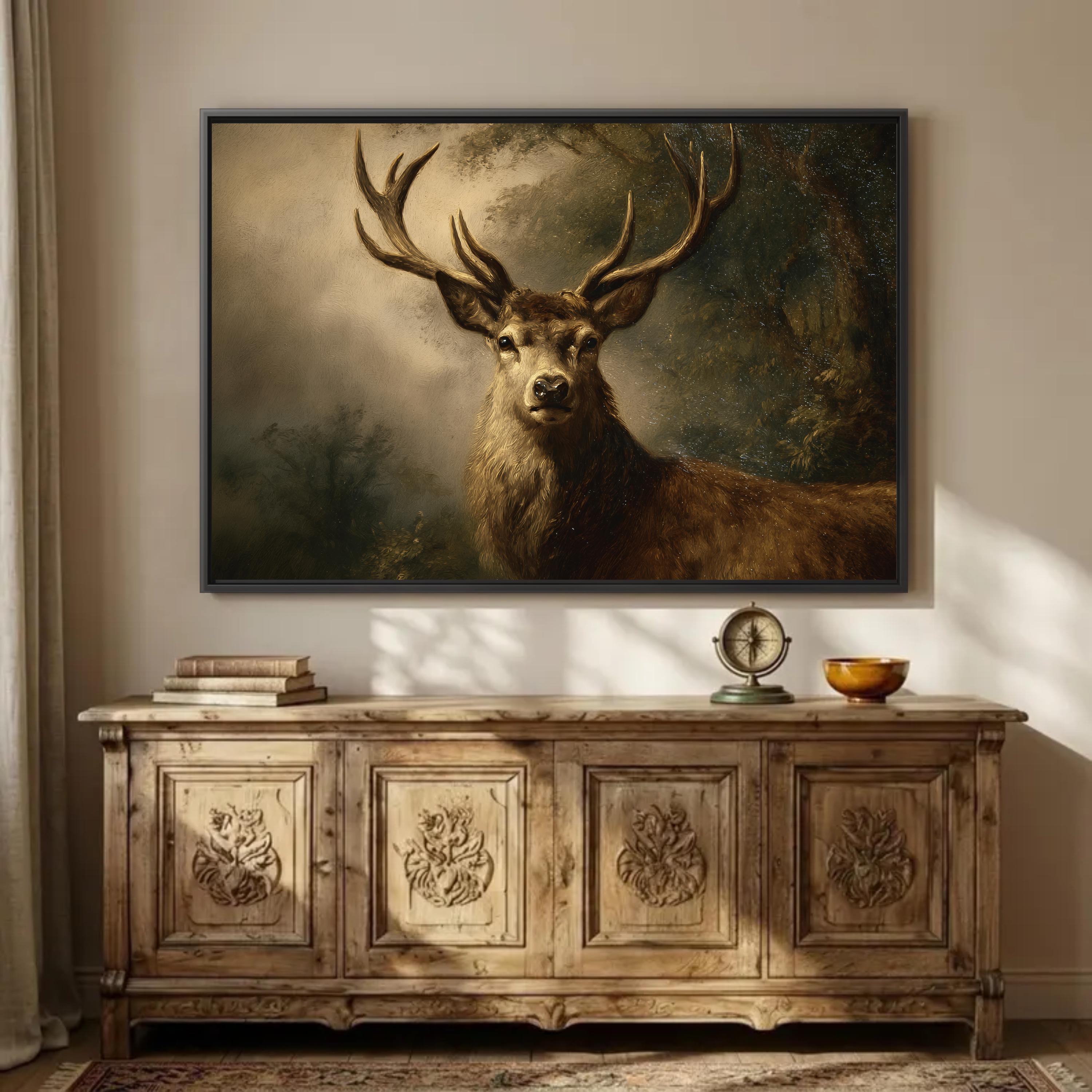 Majestic Stag Wall Art, Dark Forest Deer Canvas Print, Golden Woodland ...