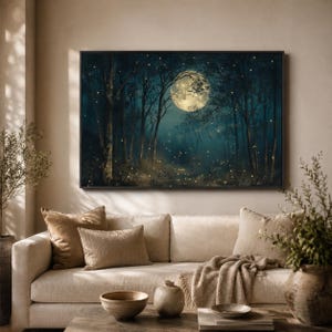 Art mural forêt au clair de lune, toile forêt luciole, impression nuit lunaire, affiche arbre sarcelle foncé, déco cabane enchantée, lueur mystique image 2