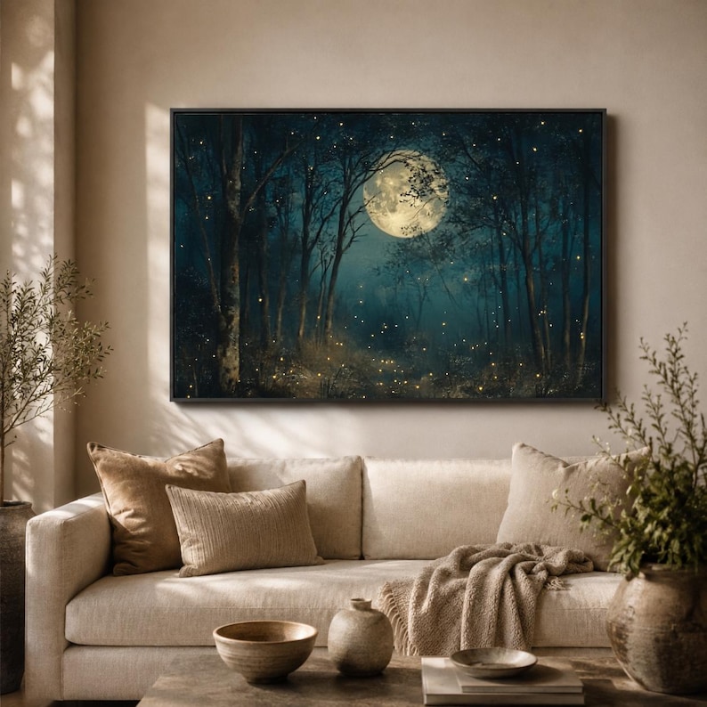 Art mural forêt au clair de lune, toile forêt luciole, impression nuit lunaire, affiche arbre sarcelle foncé, déco cabane enchantée, lueur mystique image 2