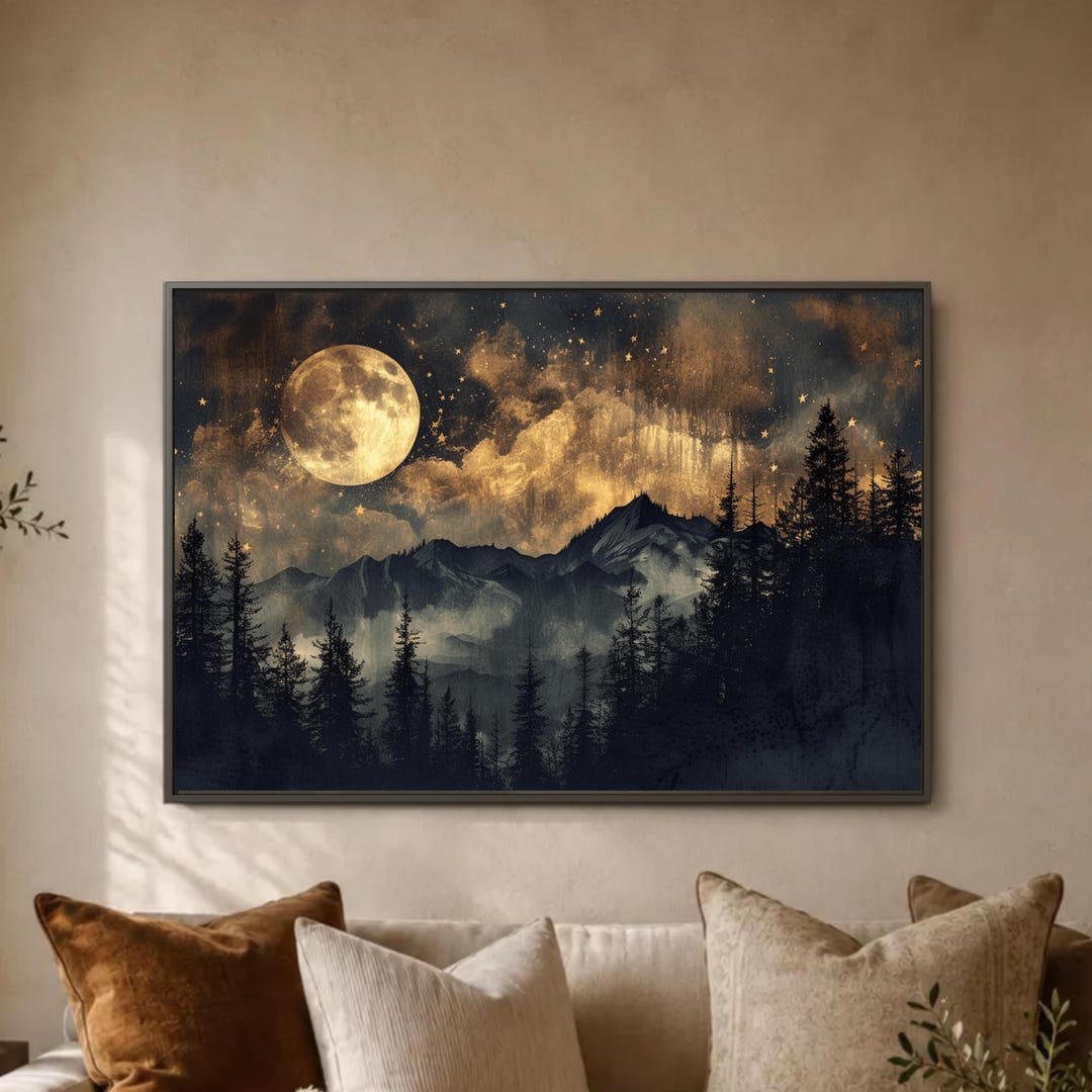 Moonlit Mountain Forest Wall Art Print, Celestial Night Sky Decor ...
