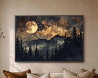 Moonlit Mountain Forest Wall Art Print, Celestial Night Sky Decor, Moody Landscape Poster, Cabin Bedroom Living Room Lunar Home Artwork