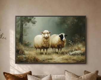 Two Sheep Forest Wall Art Print, Misty Woodland Meadow Poster, Farmhouse Animal Decor, Cream Wool Pair, Black Face Ewe Scene Artwork