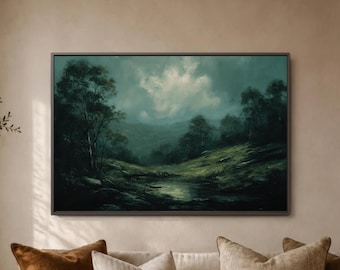 Emerald Valley Wall Art Print, Moody Lake Landscape Poster, Dark Woodland Decor, Misty Hills Artwork, Deep Green Living Room Accent
