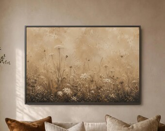 Neutral Wildflower Meadow Wall Art Print, Beige Botanical Decor, Minimalist Floral Landscape Poster, Organic Living Room Artwork