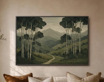 Mountain Valley Birch Wall Art Print, Green Forest Landscape Decor, Winding Path Poster, Serene Nature Artwork For Home