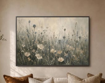 Misty Wildflower Wall Art, Soft Neutral Meadow Print, White Flower Field, Blue Thistle Stems, Calm Framed Bedroom Decor, Couch Area