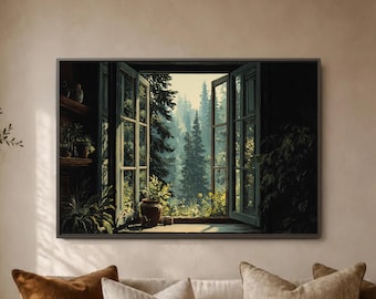 Open Window Forest Wall Art Print, Evergreen Cabin View Decor, Peaceful Nature Landscape, Cozy Woodland Interior Display, Serene Home Style