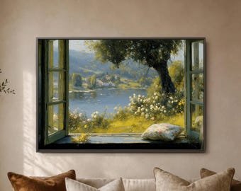 Open Window Lake View Wall Art Print, Cottage Landscape Decor, Sunlit Waterside Scene, Floral Garden Home Display, Calm Interior Style