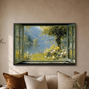 May include: A framed painting depicts a serene landscape viewed through an open window. The artwork showcases a lake scene with mountains, trees, and a small boat. Yellow and white flowers are in the foreground, with a vase of flowers on the window sill.