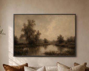 Sepia Lake Landscape Framed Print, Misty Tree Water Scene, Neutral Tonal Wall Decor, Quiet Countryside View, Earthy Living Room Art