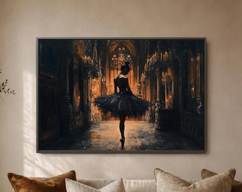 Ballerina Hall Wall Art Print, Dark Ballet Decor, Elegant Dance Scene, Candlelit Gothic Interior Display, Dramatic Studio Artwork Piece