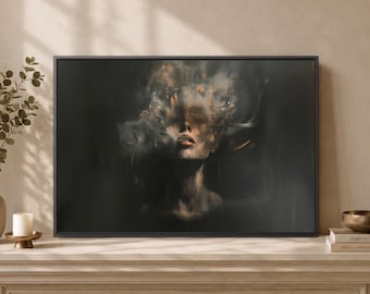 Smoky Portrait Wall Art, Ethereal Woman Canvas, Dark Figurative Print, Gold Mist Poster, Modern Gothic Decor, Mysterious Face Accent