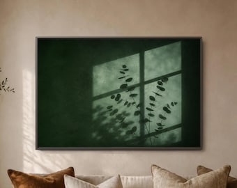 Emerald Eucalyptus Shadow Scene, Window Light Botanical Silhouette, Deep Green Minimal Leaf Study, Calm Neutral Sofa Display