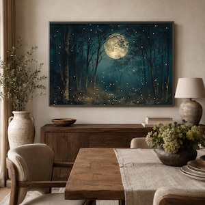 Art mural forêt au clair de lune, toile forêt luciole, impression nuit lunaire, affiche arbre sarcelle foncé, déco cabane enchantée, lueur mystique image 7