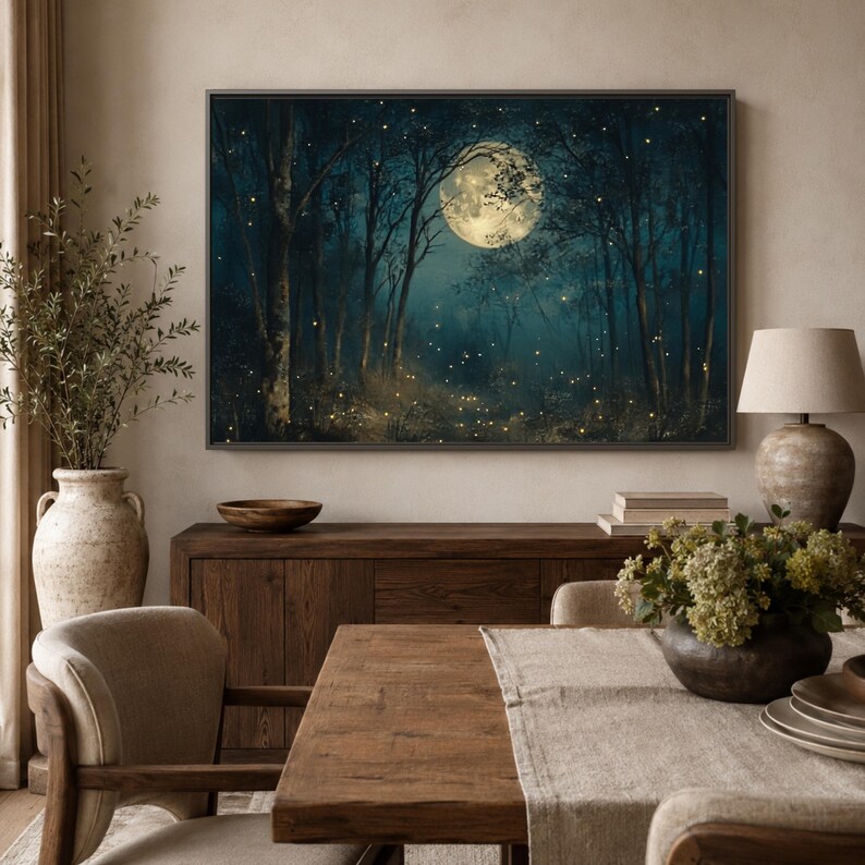 Art mural forêt au clair de lune, toile forêt luciole, impression nuit lunaire, affiche arbre sarcelle foncé, déco cabane enchantée, lueur mystique image 7