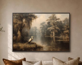 Heron Wetland Print, Misty Bayou Landscape Decor, Cypress Lake Poster, Southern Marsh Canvas, Brown Neutral Nature Scene With Egret