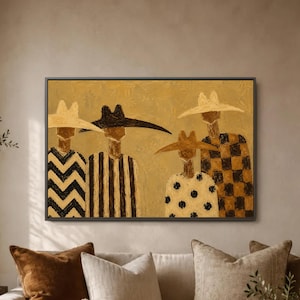 May include: A rectangular wall art piece featuring four stylized figures wearing wide-brimmed hats against a textured mustard yellow background. The figures wear garments with distinct black and white patterns including chevron, vertical stripes, polka dots, and a checkerboard grid.