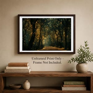 Above Sofa Bed Forest Wall Art, Enchanted Woodland Canvas, Glowing Fairy Lights Print, Dark Moody Living Room Bedroom Decor, Magical Nature zdjęcie 9