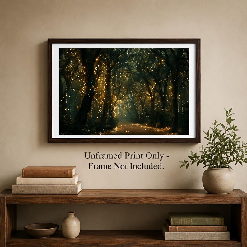 Above Sofa Bed Forest Wall Art, Enchanted Woodland Canvas, Glowing Fairy Lights Print, Dark Moody Living Room Bedroom Decor, Magical Nature zdjęcie 9