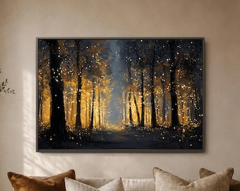 Golden Woodland Trail Print, Firefly Glow Trees, Blue Mist Pathway, Dark Forest Landscape, Cozy Cabin Sofa Decor, Nature Gift Idea