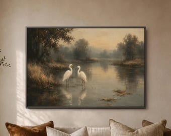 Misty Egret Wall Art Print, White Heron Pair Poster, River Marsh Landscape, Neutral Bird Decor, Water Reflection Nature Scene Artwork