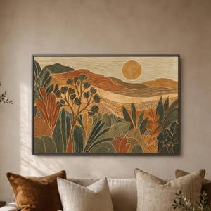 May include: A rectangular framed wall art piece featuring a landscape illustration with a large circular sun, rolling hills, and stylized foliage in shades of terracotta, olive green, and cream with fine line and dot patterns.