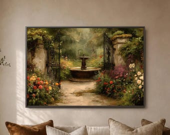 Secret Garden Fountain Wall Art, Iron Gate Floral Path Poster, Cottagecore Landscape Decor, Green Courtyard Gallery Accent Scene