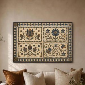 Blue Floral Tile Wall Art, Mediterranean Garden Panel Print, Gold Botanical Pattern Decor, Ornate Mosaic Style Home Accent