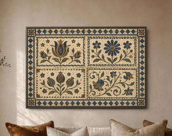 Blue Floral Tile Wall Art, Mediterranean Garden Panel Print, Gold Botanical Pattern Decor, Ornate Mosaic Style Home Accent