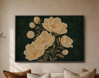 Gold Peony Botanical Wall Art, Dark Green Floral Canvas Print, Vintage Flower Decor, Elegant Living Room Poster, Moody Bedroom Gift