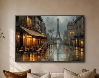 Rainy Paris Cafe Print, Eiffel Tower Cityscape Canvas Decor, Romantic French Street Painting for Cozy Vintage Home