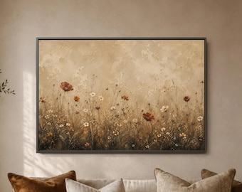 Neutral Meadow Landscape, Beige Wildflower Decor, Soft Daisy Field Poster, Earth Tone Floral Print, Calm Living Room Artwork