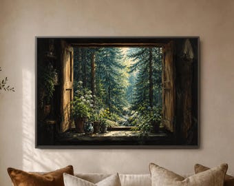 Woodland Window Print, Rustic Forest View Poster, Cabin Interior Decor, Evergreen Trees, Potted Plants, Cozy Nature Retreat Art