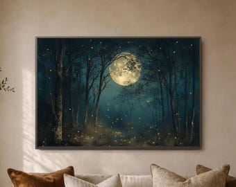 Moonlit Forest Wall Art Print, Firefly Night Woods Poster, Full Moon Tree Decor, Dark Blue Woodland Scene, Magical Living Room Accent