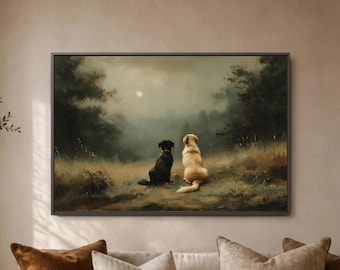 Two Dogs Moon Meadow Poster, Black Tan Dog Wall Art Print, Misty Field Landscape Scene, Pet Lover Living Room Memory Gift Cottage Home Decor