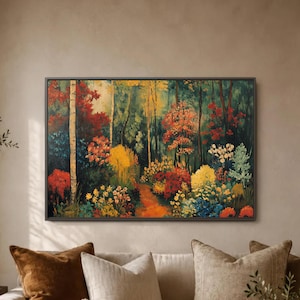 May include: A rectangular landscape painting in a dark frame depicting a dense forest scene with a central dirt path. The artwork features vibrant autumn foliage in shades of red, orange, yellow, and deep green, with tall white birch tree trunks.