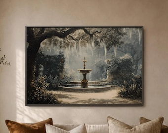 Southern Garden Fountain Wall Art, Spanish Moss Courtyard Canvas, Elegant Oak Tree Print, Moody Landscape Poster, Charleston Patio Decor
