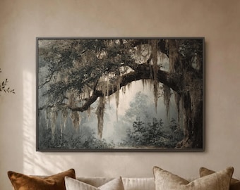 Over Sofa Oak Tree Landscape Print Decor, Horizontal Moody Spanish Moss Wall Art, Dark Nature Canvas Forest  Rustic Southern Decor