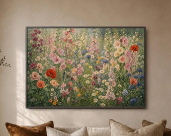 Colorful Meadow Floral Scene, Wildflower Garden Decor, Spring Blossom Poster, Cottage Nature Print, Fresh Living Room Artwork