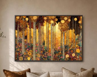 Golden Birch Forest Wall Art Print, Colorful Tree Trunk Poster, Glowing Woodland Decor, Orange Teal Nature Scene, Living Room Artwork