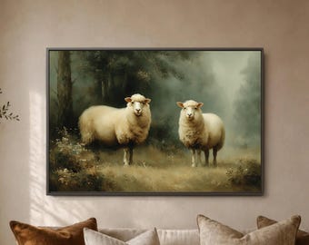 Pastoral Sheep Farmhouse Artwork, Hazy Meadow Animals, Rustic Lamb Countryside Portrait, Nursery Homestead Charm, Ewe Lover Present