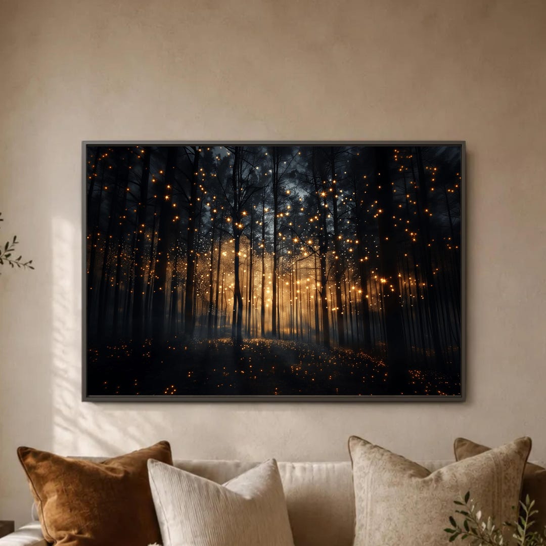 Enchanted Forest Lights Wall Art, Dark Woodland Poster, Golden Sparkles ...