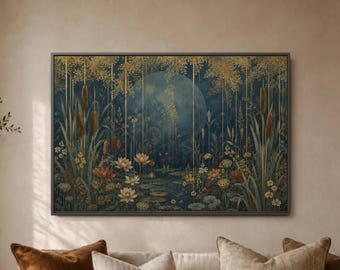 Moonlit Pond Wall Art, Dark Teal Botanical Canvas Print, Lotus Reed Nature Decor, Celestial Garden Poster, Serene Lake Artwork, Calm Mood