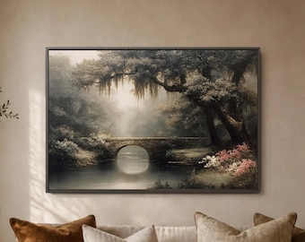Stone Bridge Garden Wall Art, Mossy Southern Landscape Print, Romantic River Decor, Blooming Tree Scene For Cozy Interiors